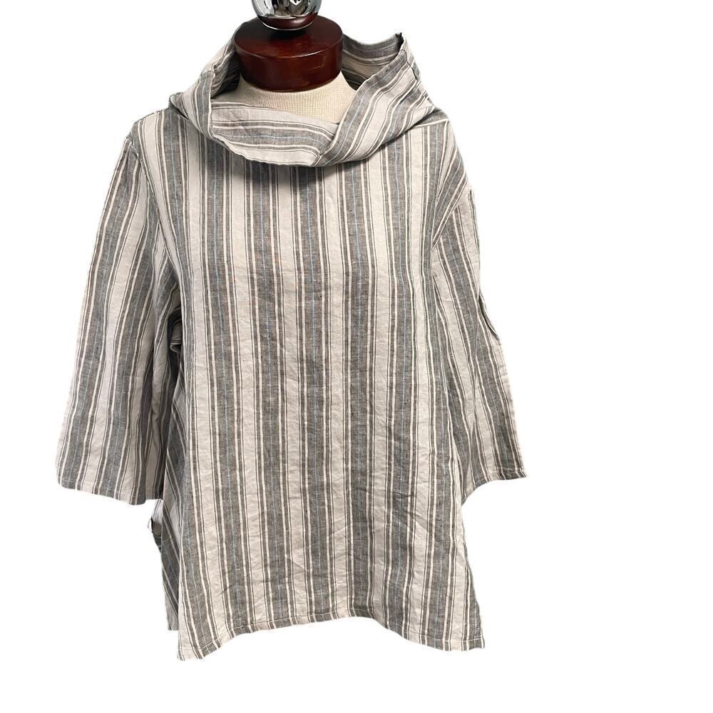 Bryn Walker Cowl Neck Tunic Womens Medium Linen Stripe Lagenlook Quiet Luxury
